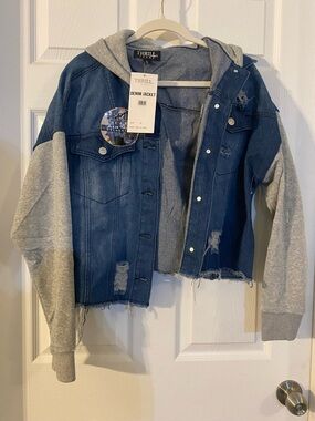 Thrill Blue Denim Jacket with Gray Hoodie Sleeves